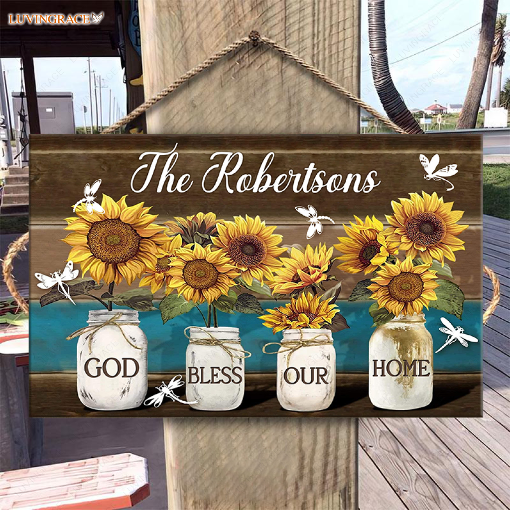 Personalized Bless Our Home Wood Rectangle Sign