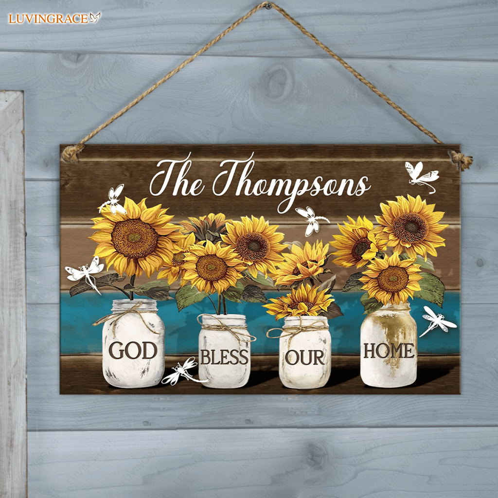 Personalized Bless Our Home Wood Rectangle Sign