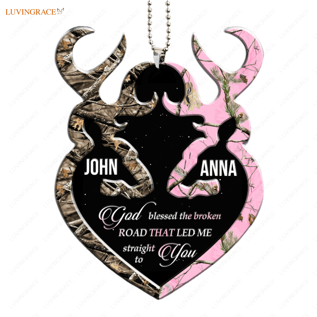 Personalized Buck And Doe Heart God Blessed Ornament