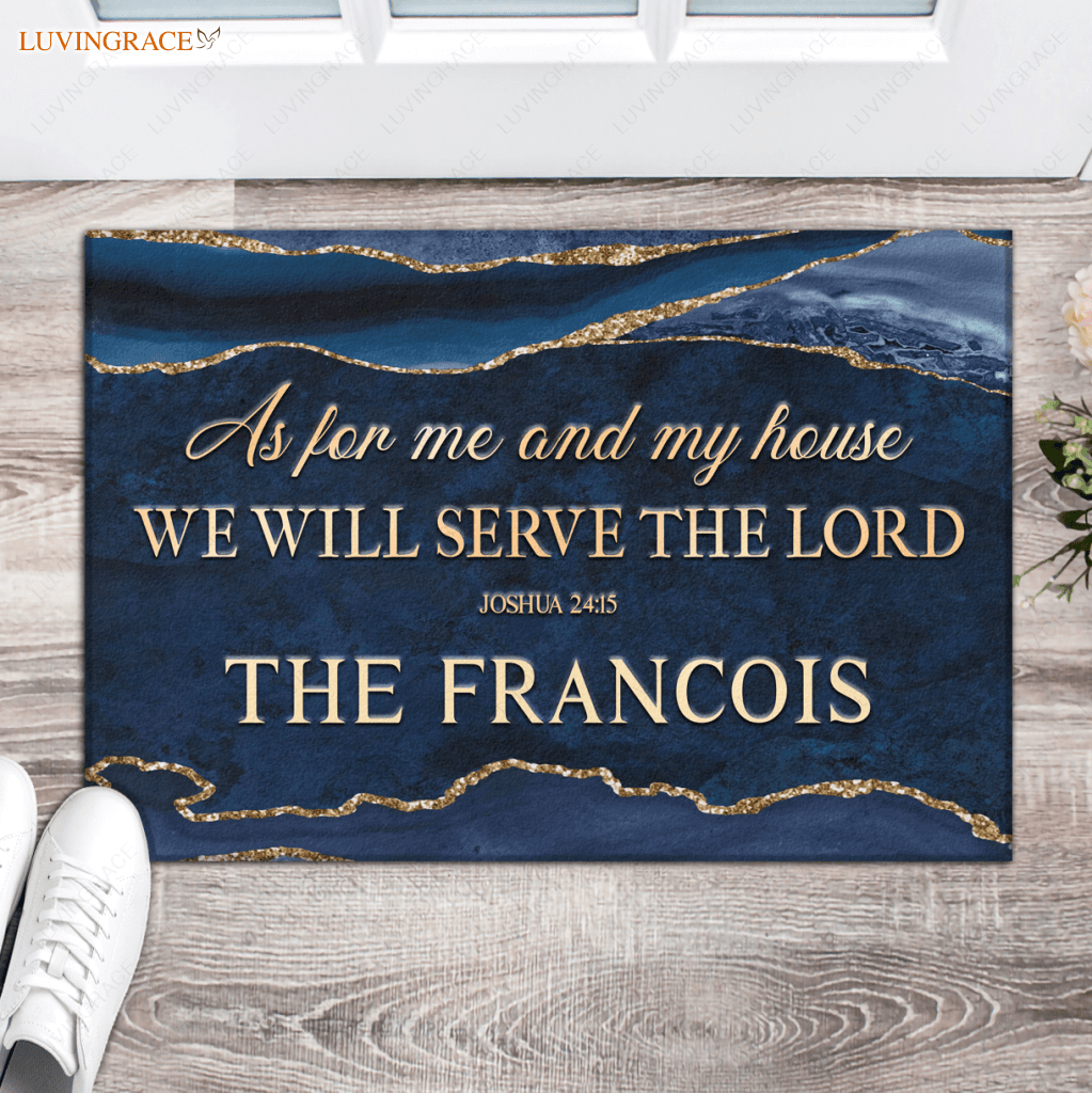 Personalized Chic Navy Blue Gold Serve The Lord Doormat