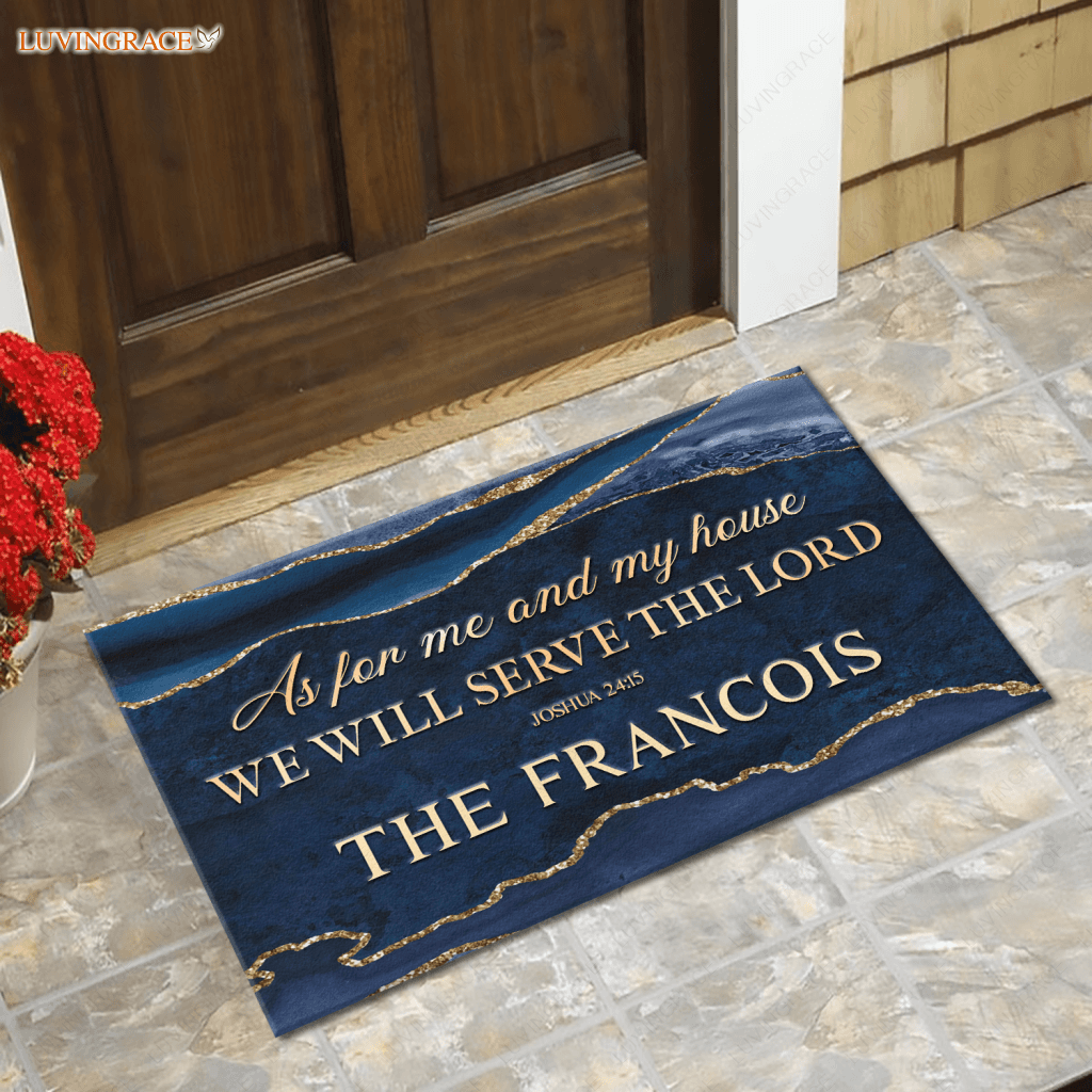 Personalized Chic Navy Blue Gold Serve The Lord Doormat