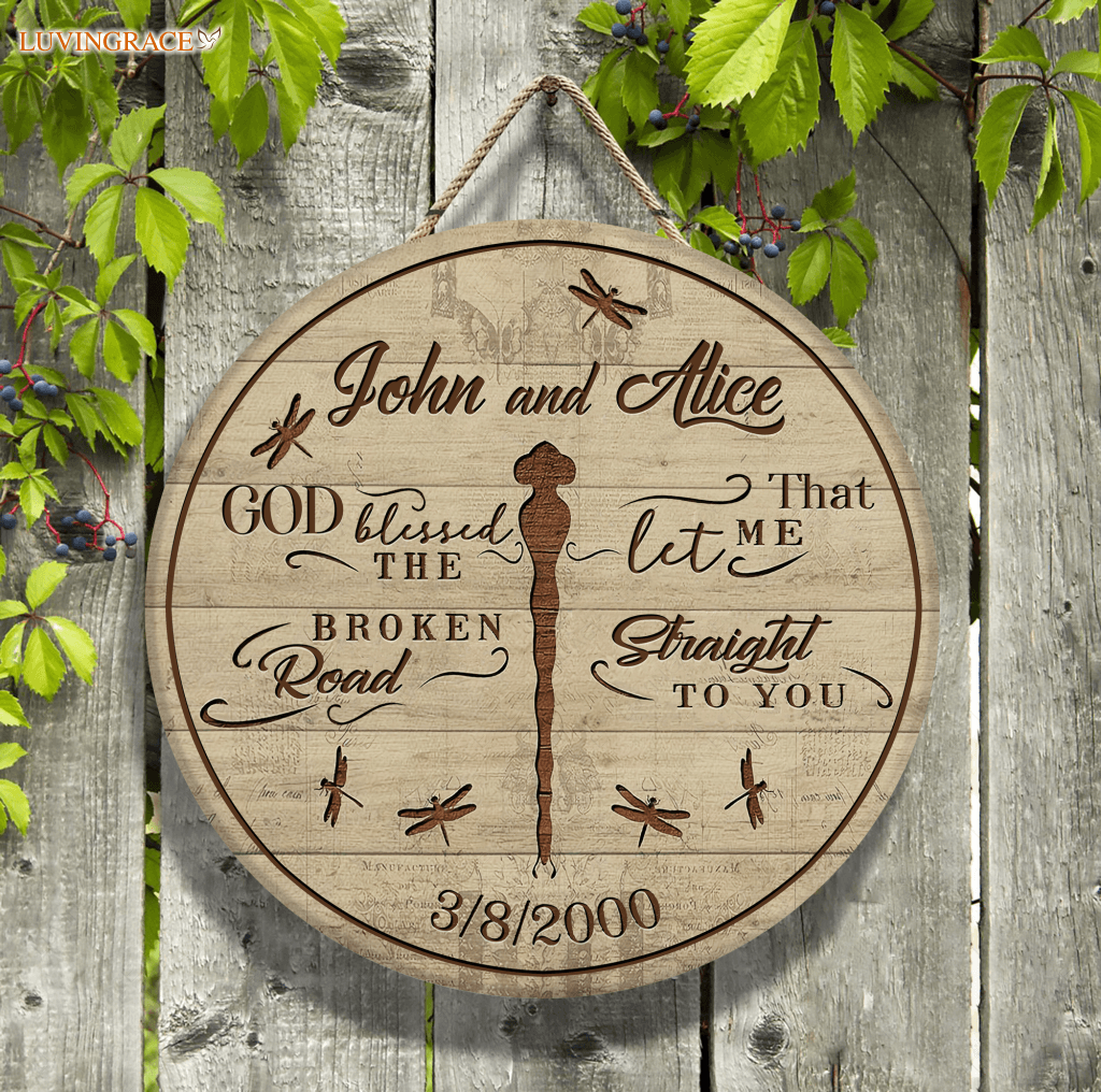 Personalized Couple God Blessed Dragonfly Wood Circle Sign