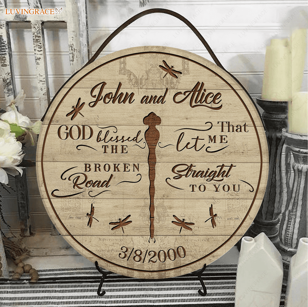 Personalized Couple God Blessed Dragonfly Wood Circle Sign