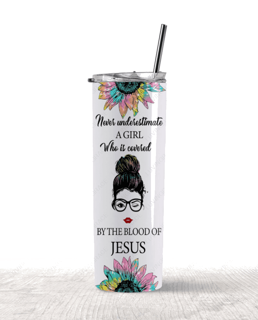 Personalized Covered by the blood of Jesus skinny tumbler
