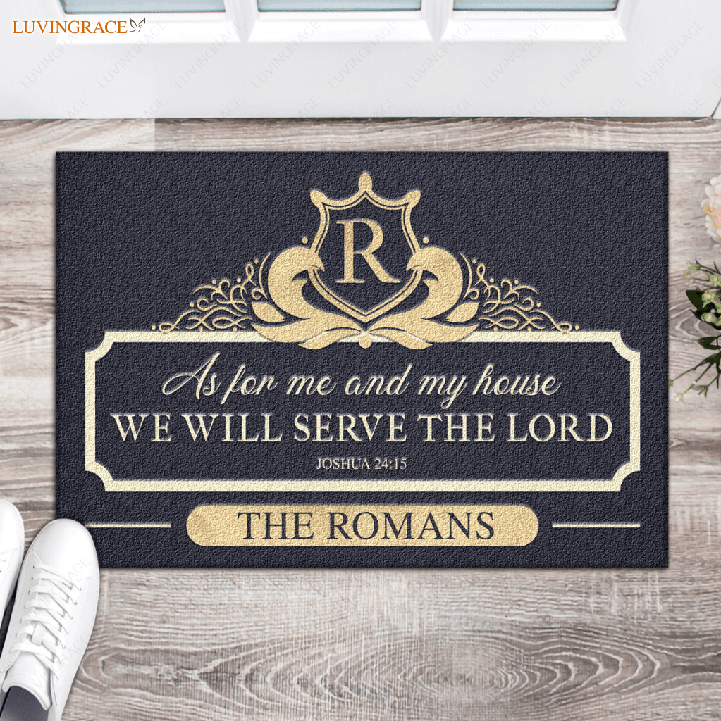 Personalized Elegant Shield Monogram Serve The Lord Doormat