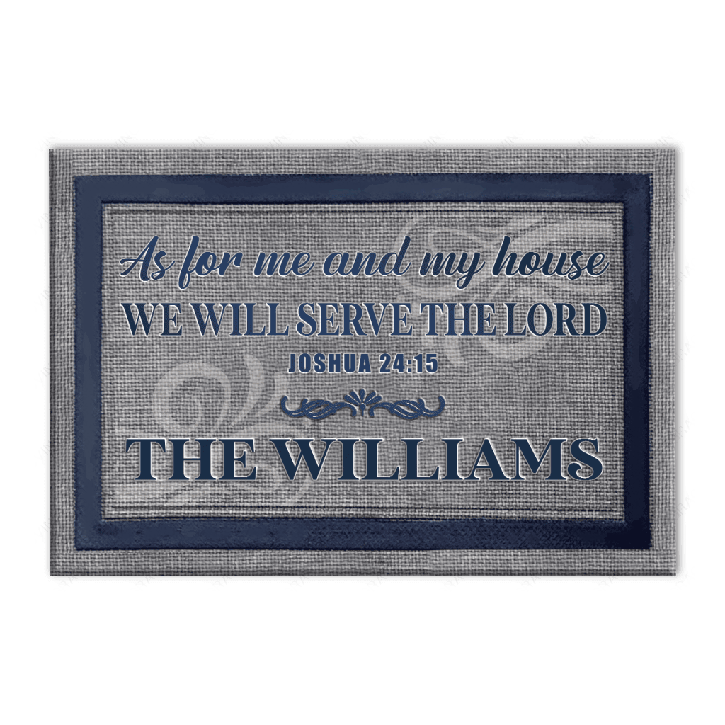 Personalized Family Name Serve The Lord Grey And Navy Doormat