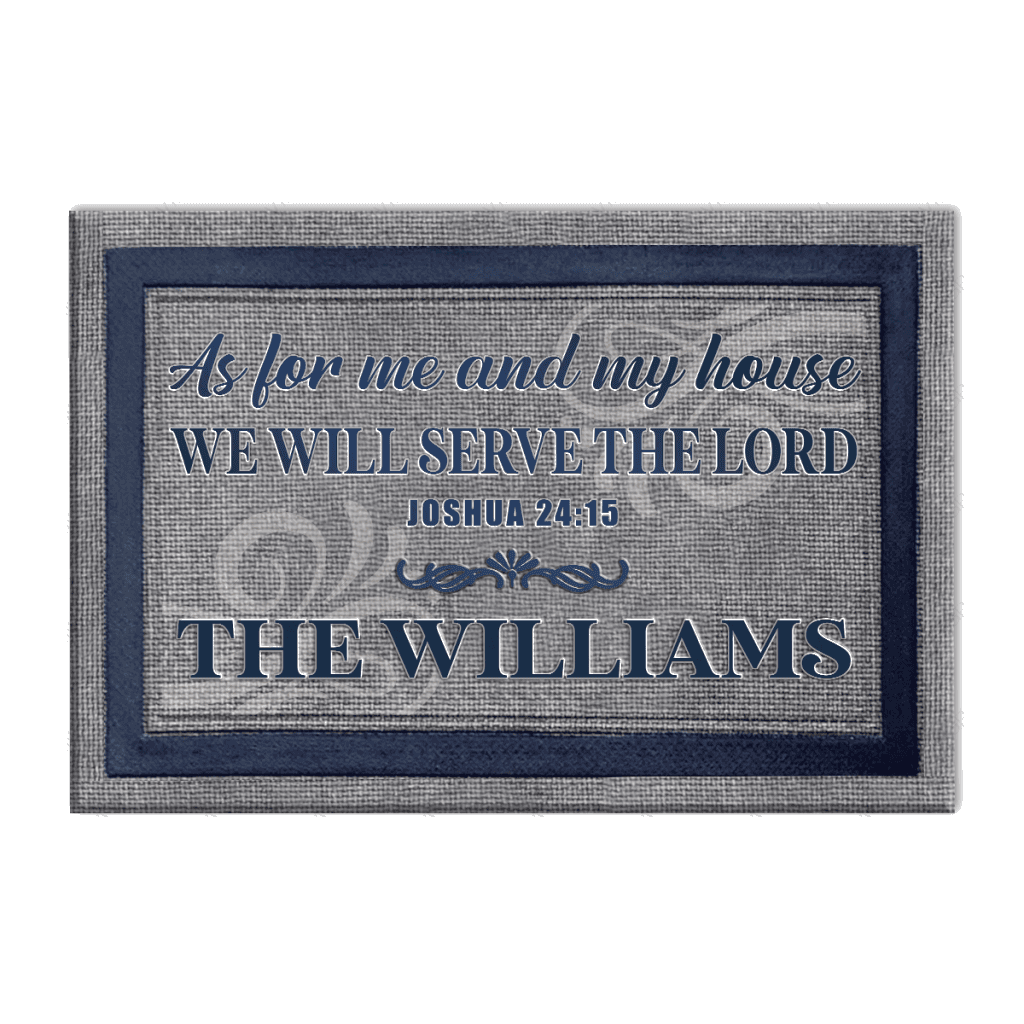 Personalized Family Name Serve The Lord Grey And Navy Doormat