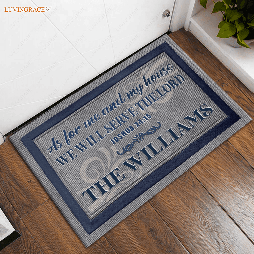 Personalized Family Name Serve The Lord Grey And Navy Doormat