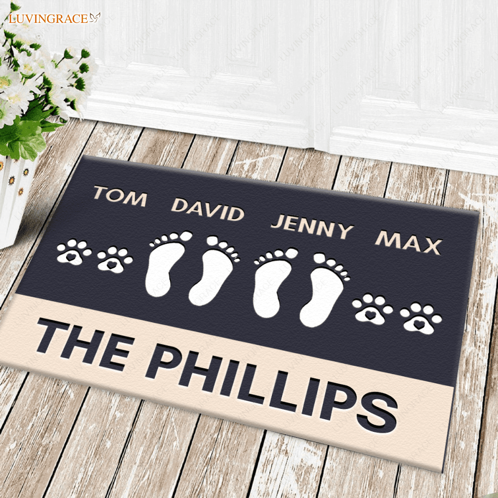 Personalized Footprint Family And Pet Name Navy Doormat