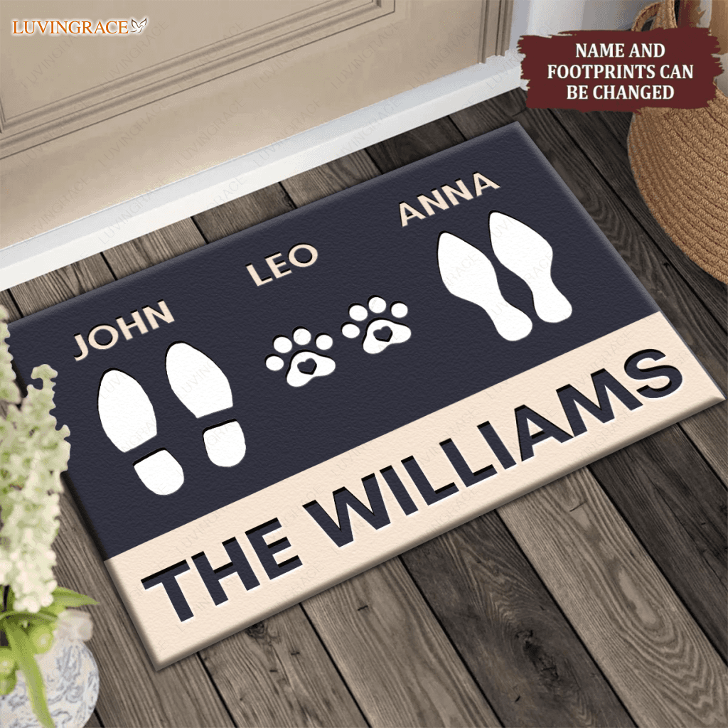 Personalized Footprint Family And Pet Name Navy Doormat