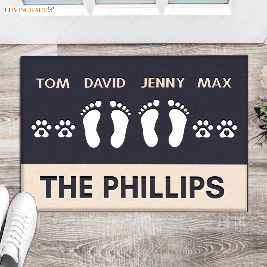 Personalized Footprint Family And Pet Name Navy Doormat