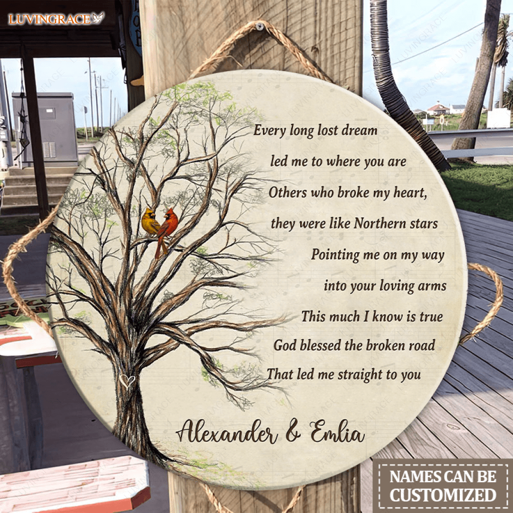 Personalized God Blessed Couple Cardinal Circle Sign Wood