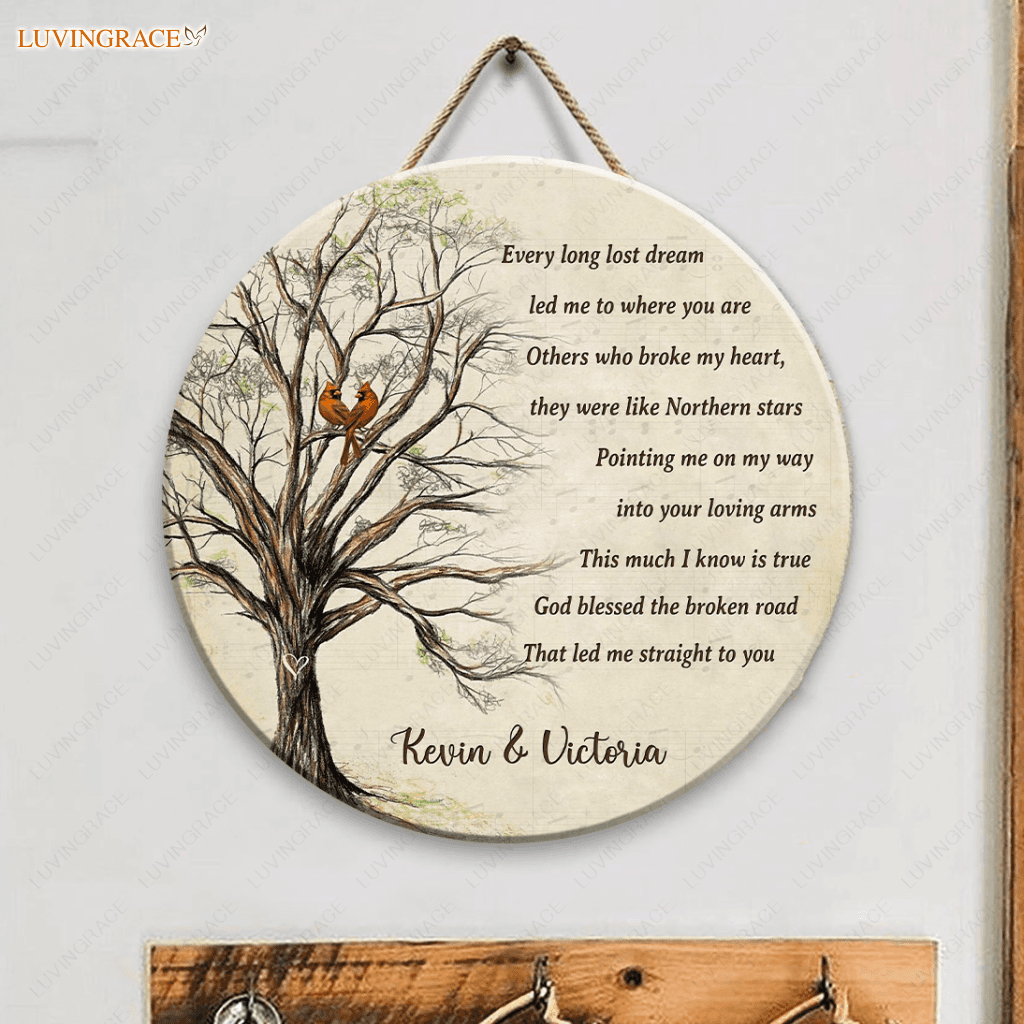 Personalized God Blessed Couple Cardinal Circle Sign Wood