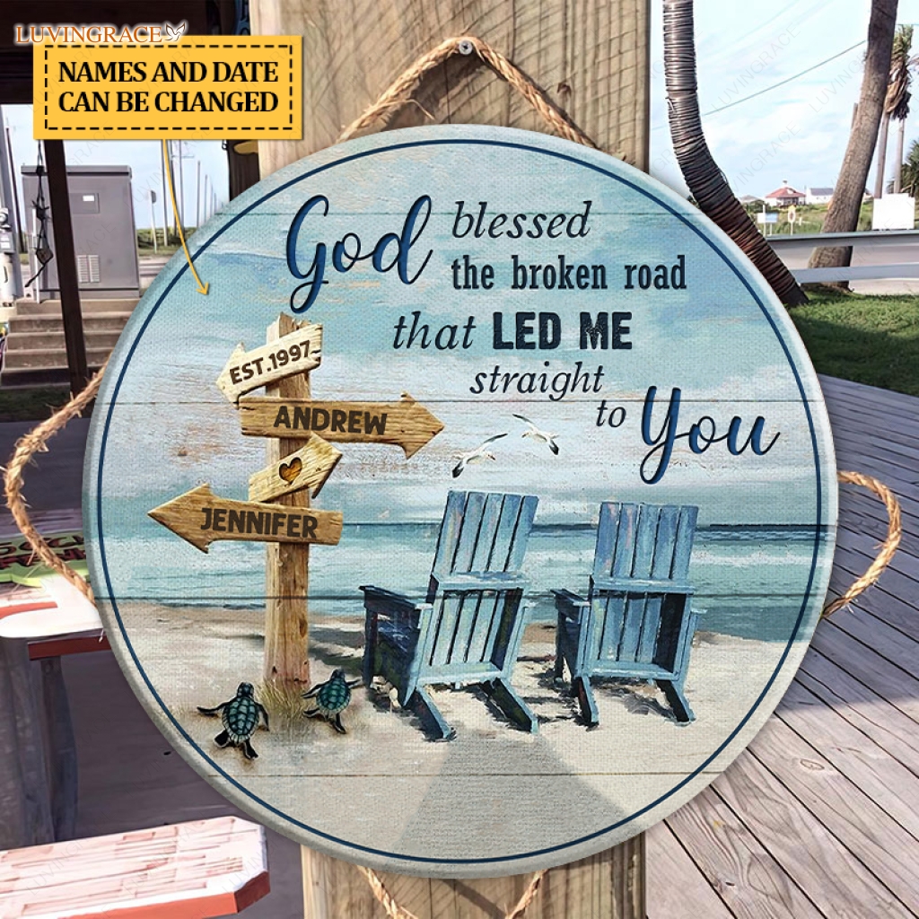 Personalized God Blessed Couple Chairs Wood Circle Sign Tumbler