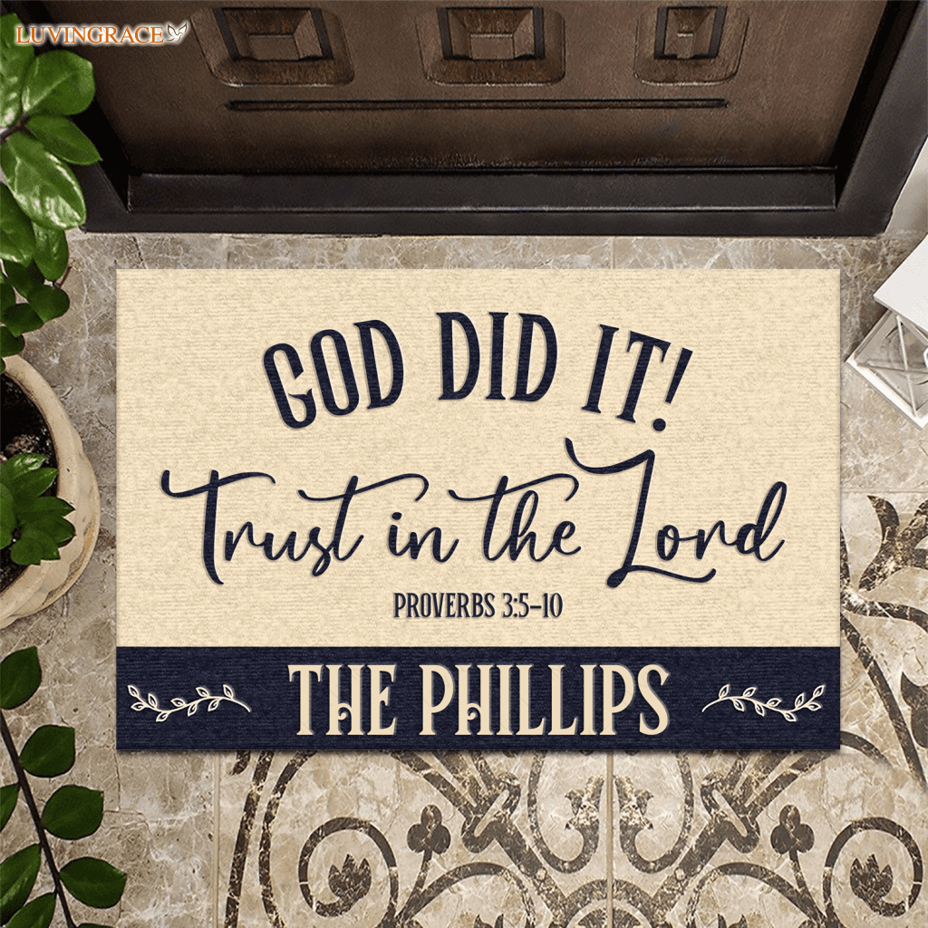 Personalized God Did It Trust In The Lord Navy And Tan Doormat