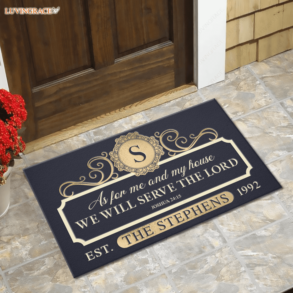 Personalized Gold Navy Family Home Serve The Lord Doormat