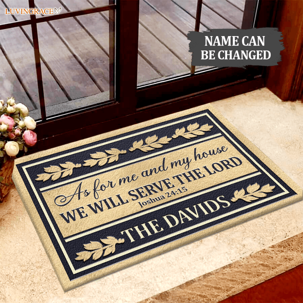 Personalized Gold Navy Serve The Lord Elegant Family Home Doormat