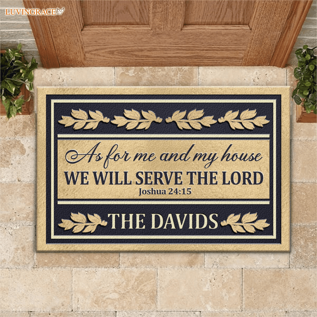 Personalized Gold Navy Serve The Lord Elegant Family Home Doormat