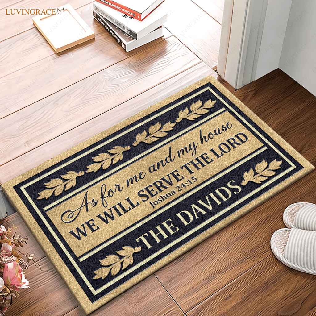 Personalized Gold Navy Serve The Lord Elegant Family Home Doormat