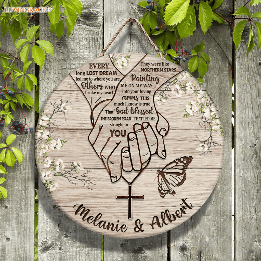 Personalized Holding Hands Blessed The Broken Road Circle Sign Wood