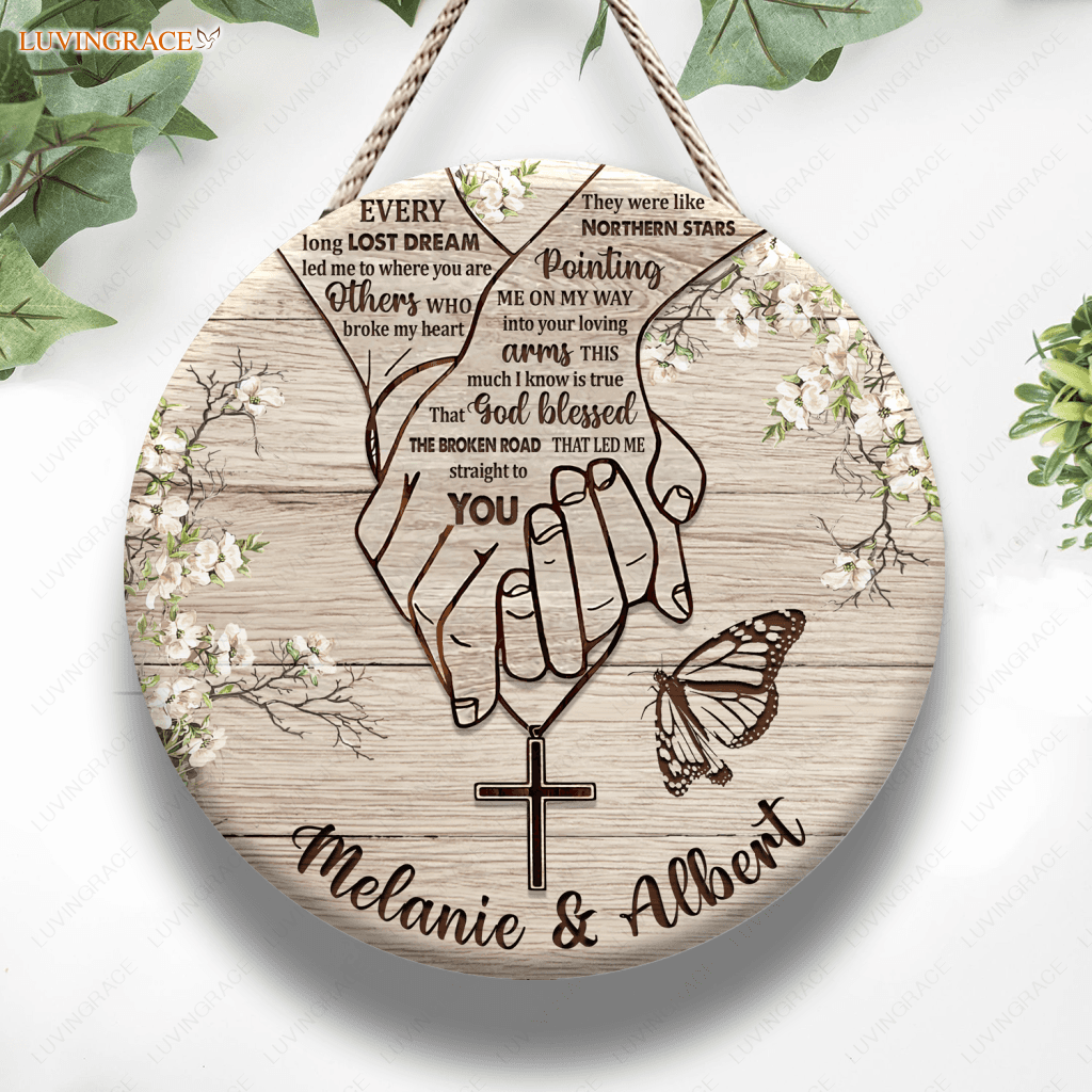 Personalized Holding Hands Blessed The Broken Road Circle Sign Wood