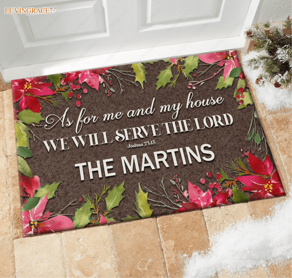 Personalized Holly Steams Poinsettia Serve The Lord Doormat