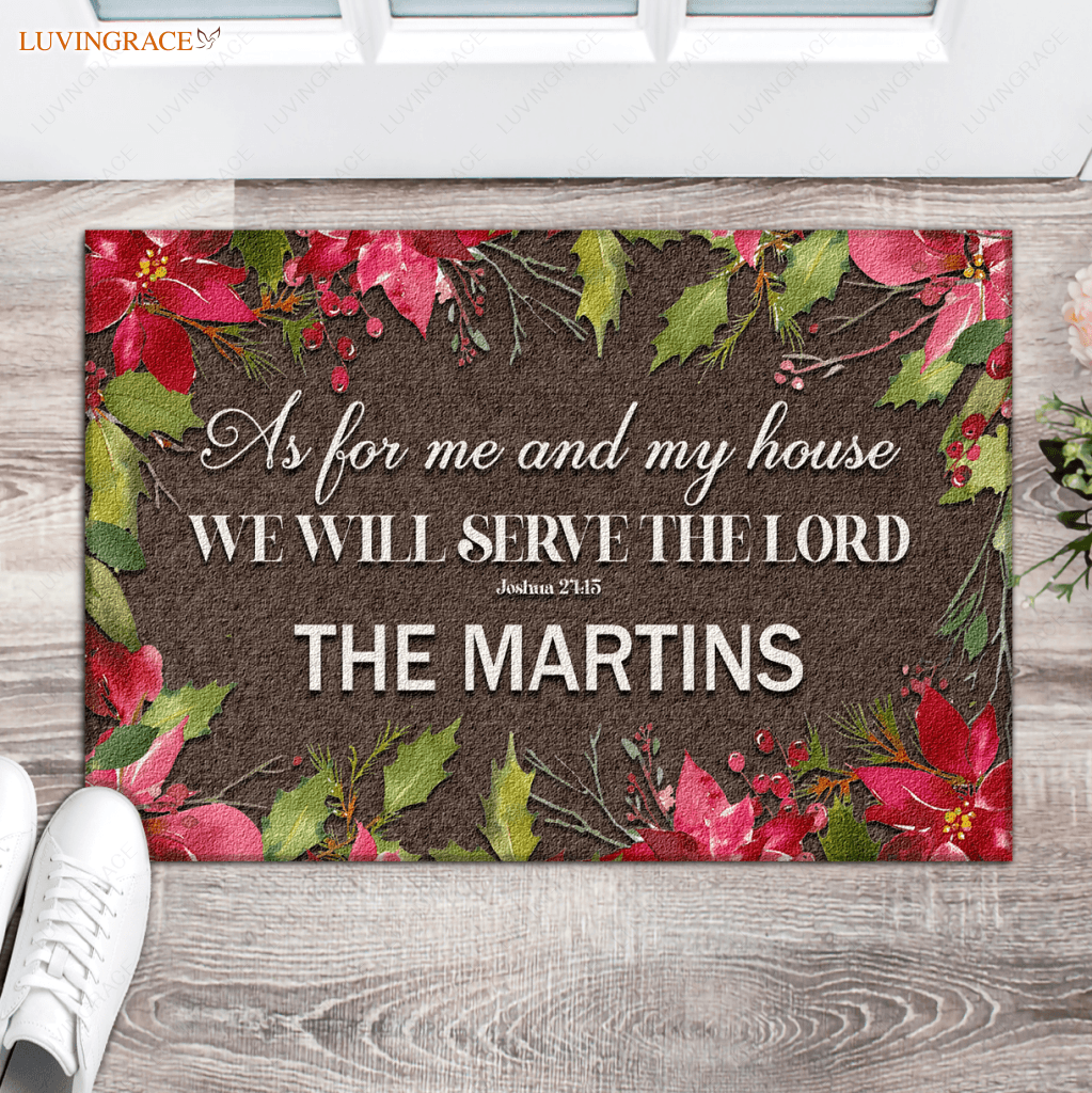 Personalized Holly Steams Poinsettia Serve The Lord Doormat