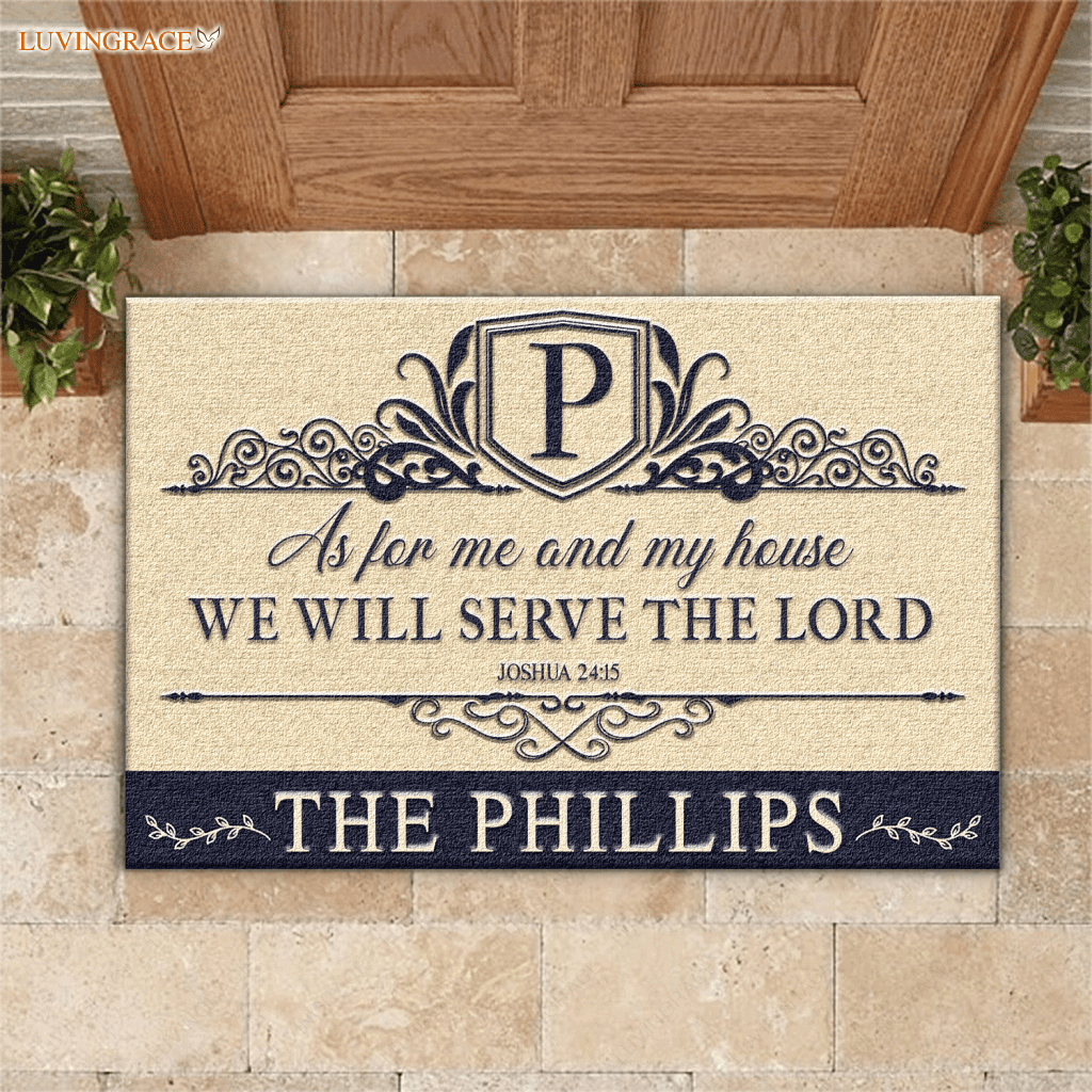 Personalized Monogram Luxury Serve The Lord Navy And Tan Doormat