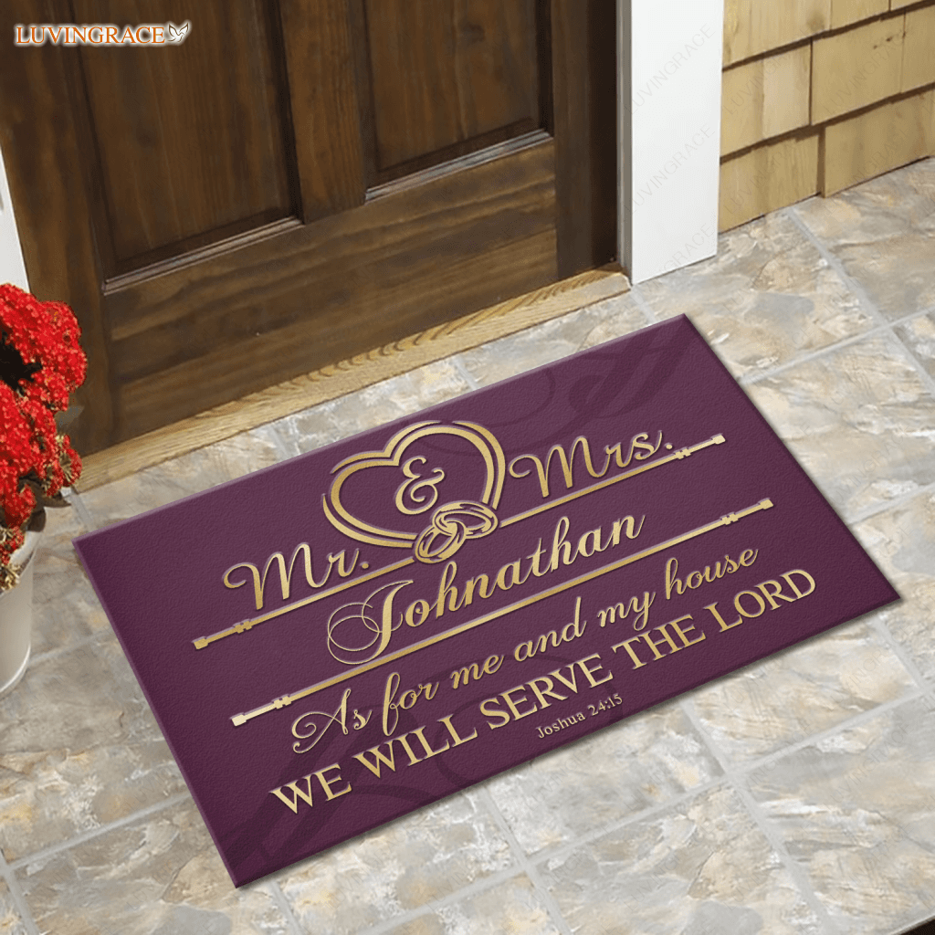 Personalized Mr And Mrs Serve The Lord Faux Gold Ornate Doormat
