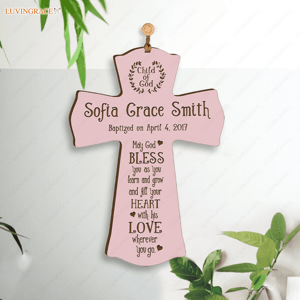 Personalized Pink Hanging Cross Baptism Gift Wood Sign