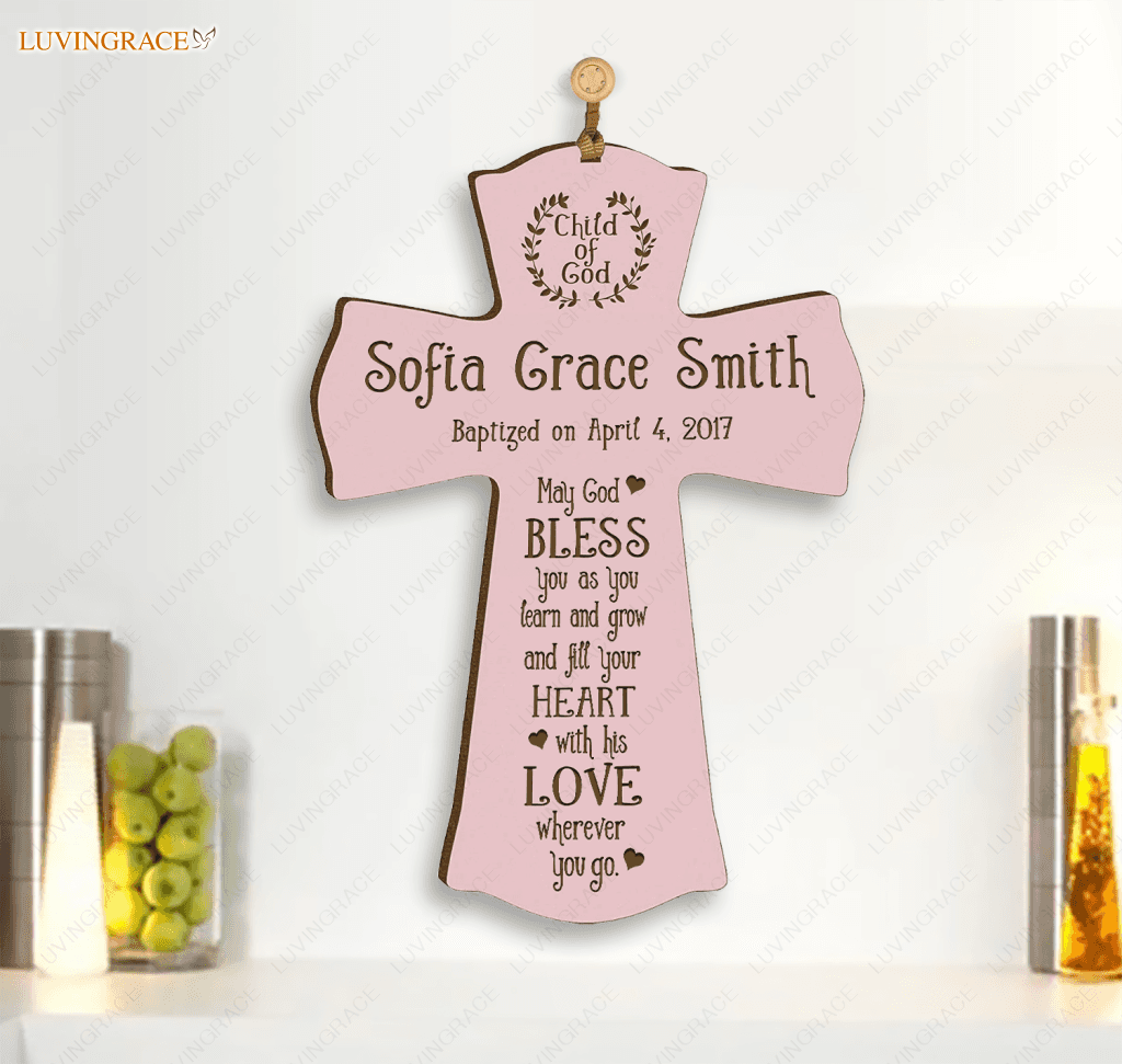Personalized Pink Hanging Cross Baptism Gift Wood Sign