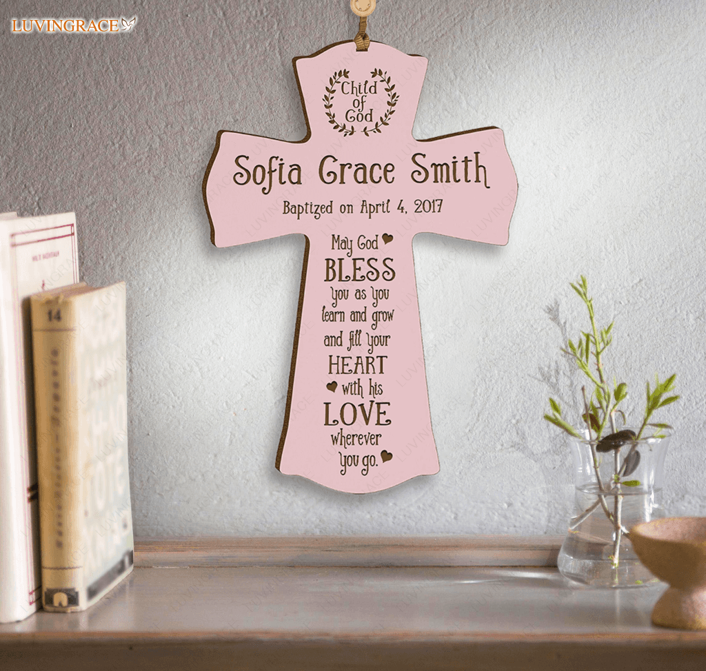 Personalized Pink Hanging Cross Baptism Gift Wood Sign