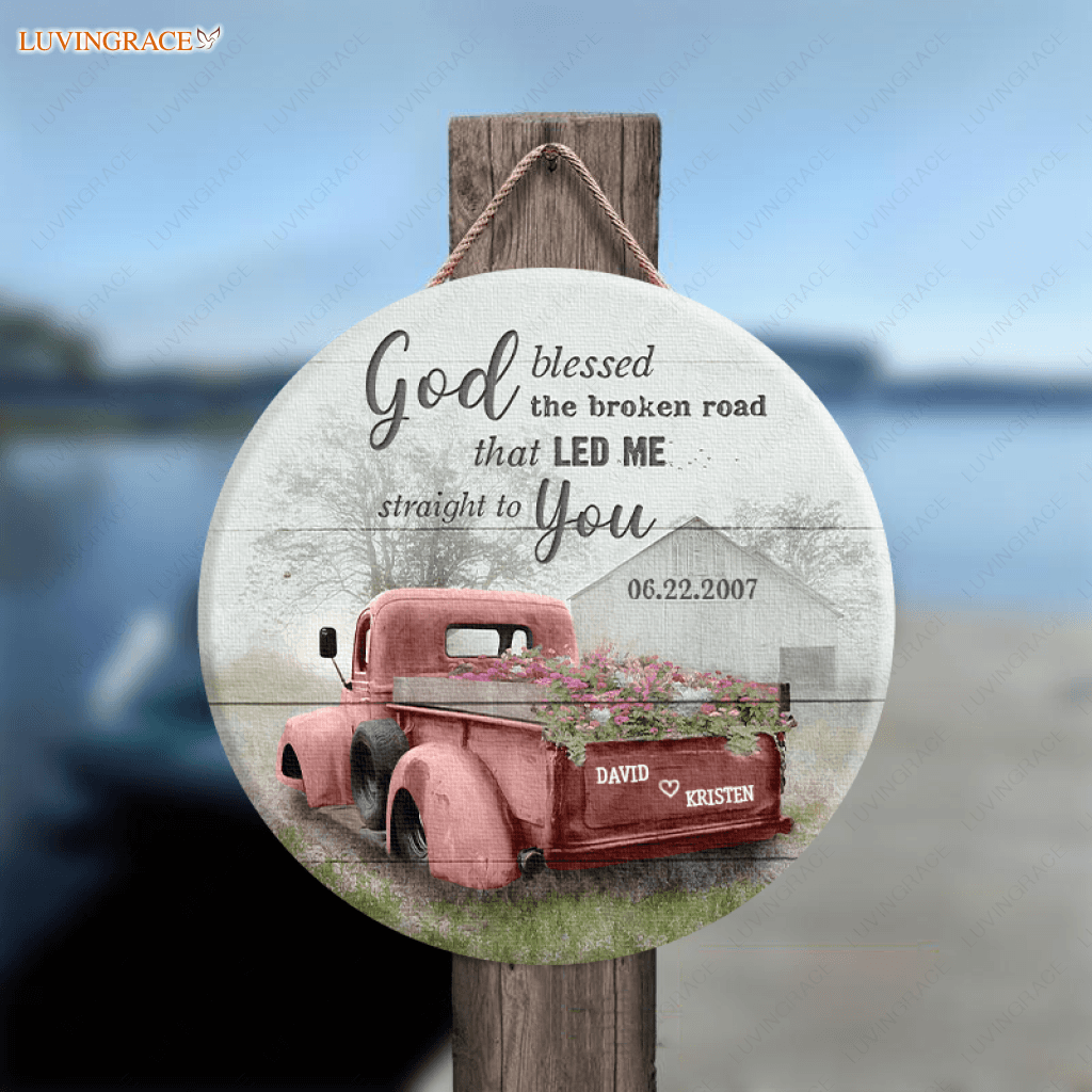 Personalized Red Truck God Blessed Wood Circle Sign Tumbler