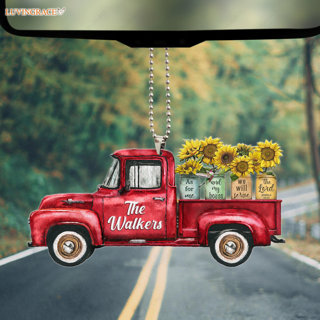 Personalized Red Truck Sunflower Jars Serve The Lord Ornament
