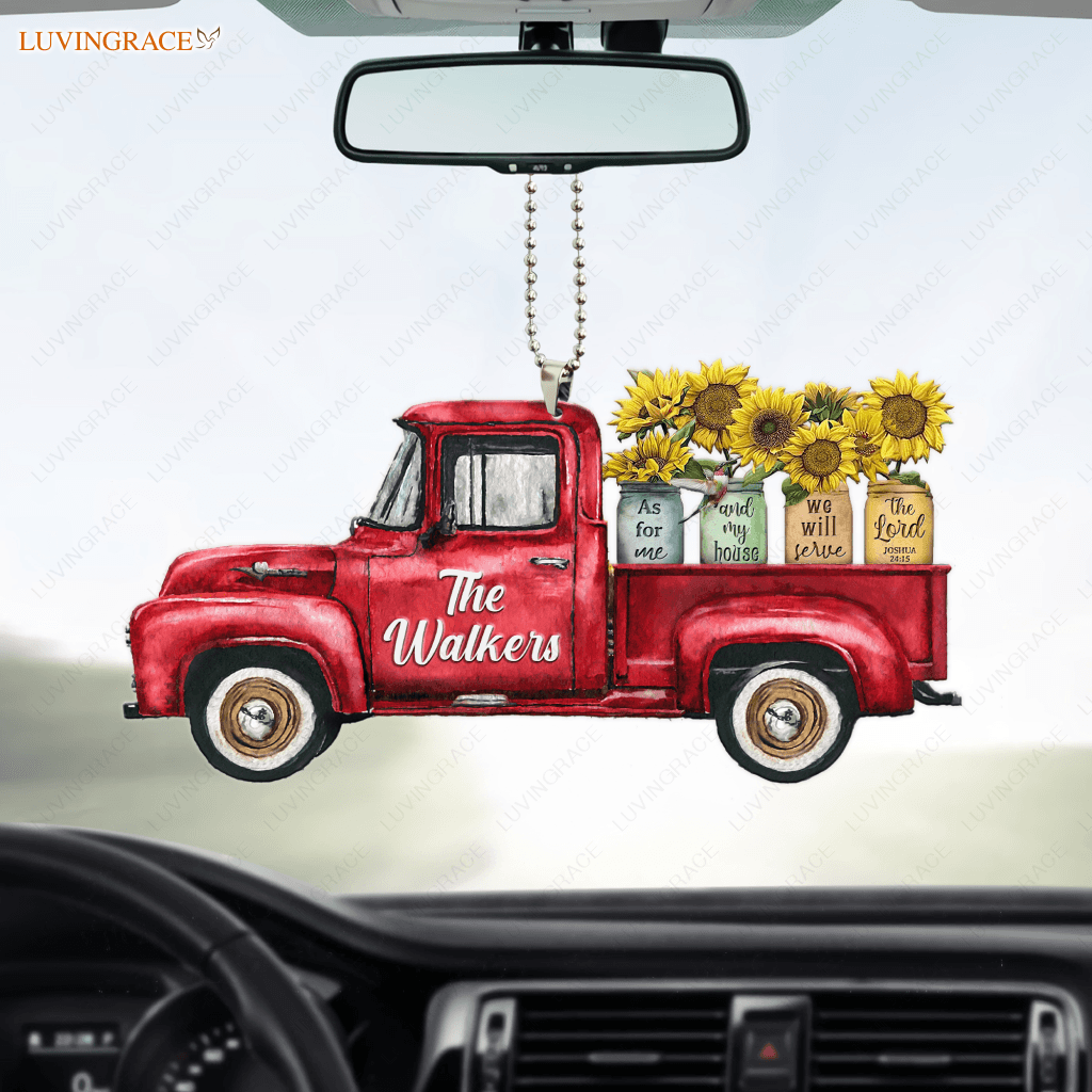 Personalized Red Truck Sunflower Jars Serve The Lord Ornament