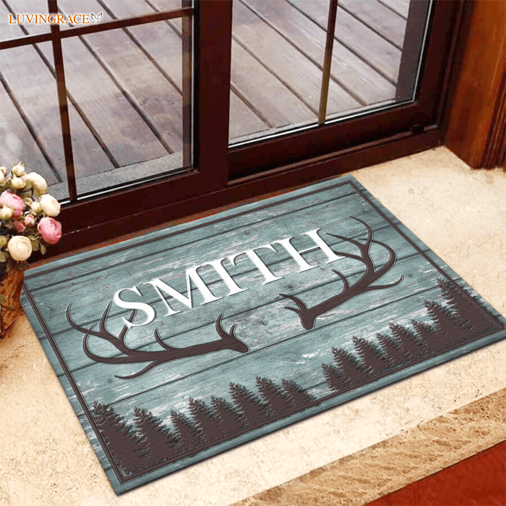 Personalized Rustic Country Family Name Deer Antlers Doormat