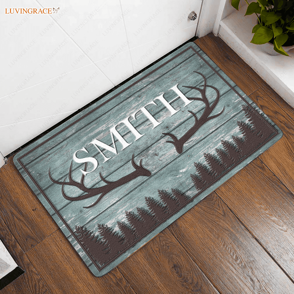 Personalized Rustic Country Family Name Deer Antlers Doormat