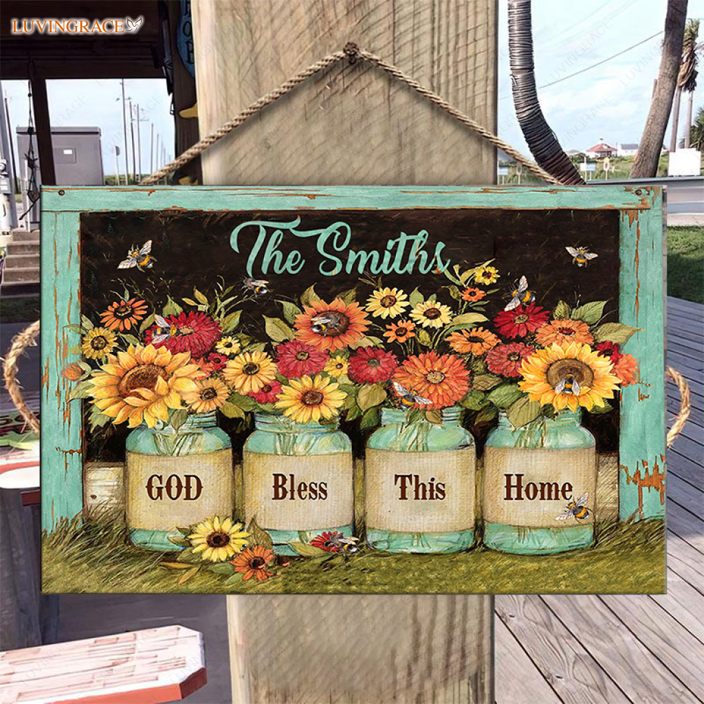 Personalized Sunflower Jars Bless This Home Wood Rectangle Sign