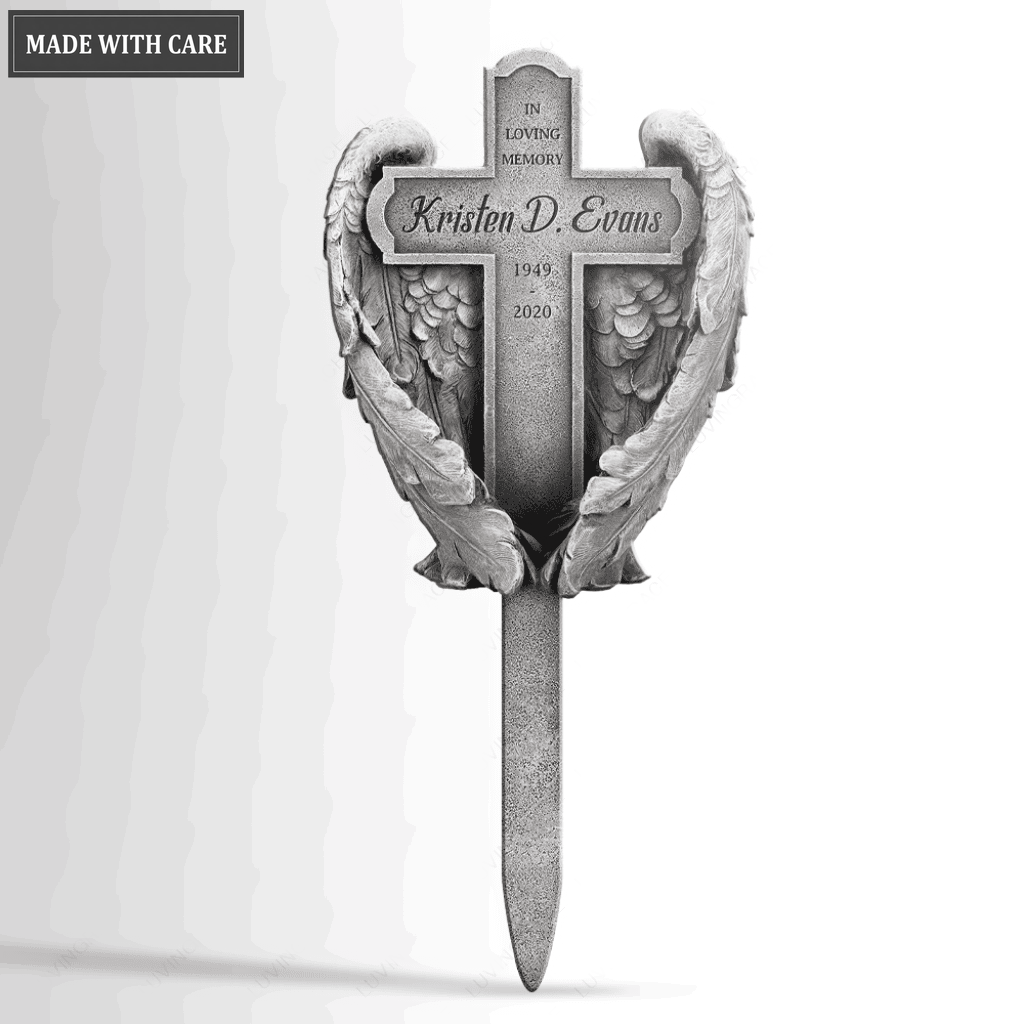 Personalized Wings Cross Stone Memorial Plaque Stake