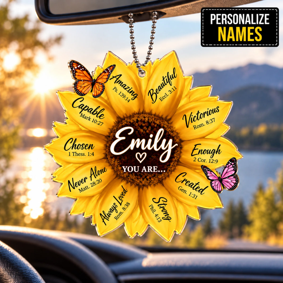 Personalized Sunflower Christian Ornament - Custom Name You Are Strong Sunflower Car Ornament -Inspirational Gift for Her