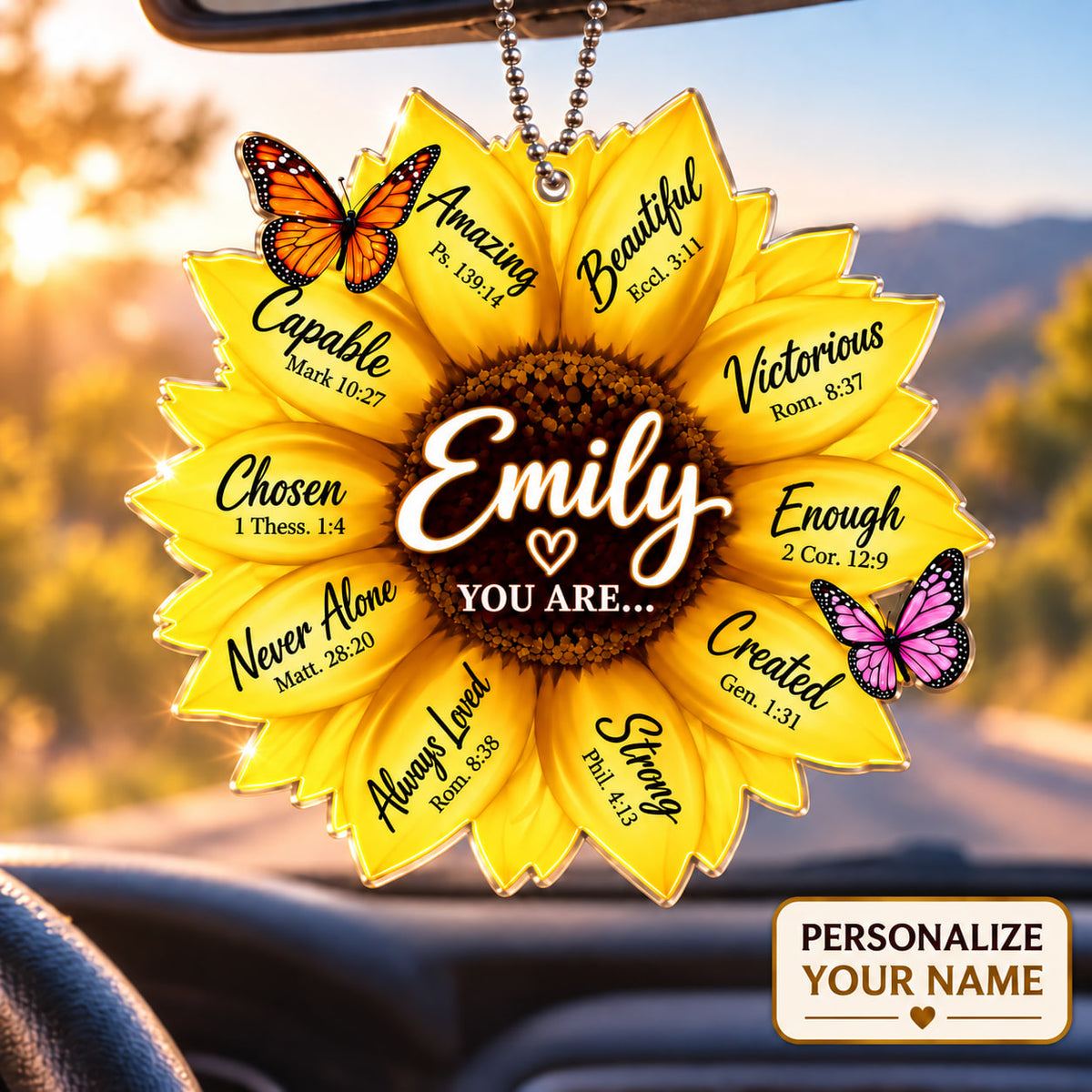 Personalized Sunflower Christian Ornament - Custom Name You Are Strong Sunflower Car Ornament -Inspirational Gift for Her