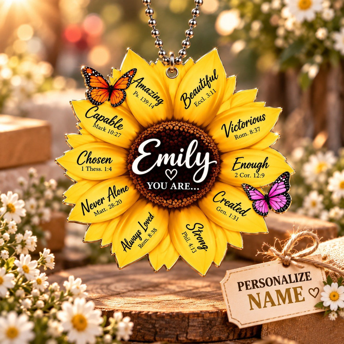 Personalized Sunflower Christian Ornament - Custom Name You Are Strong Sunflower Car Ornament -Inspirational Gift for Her