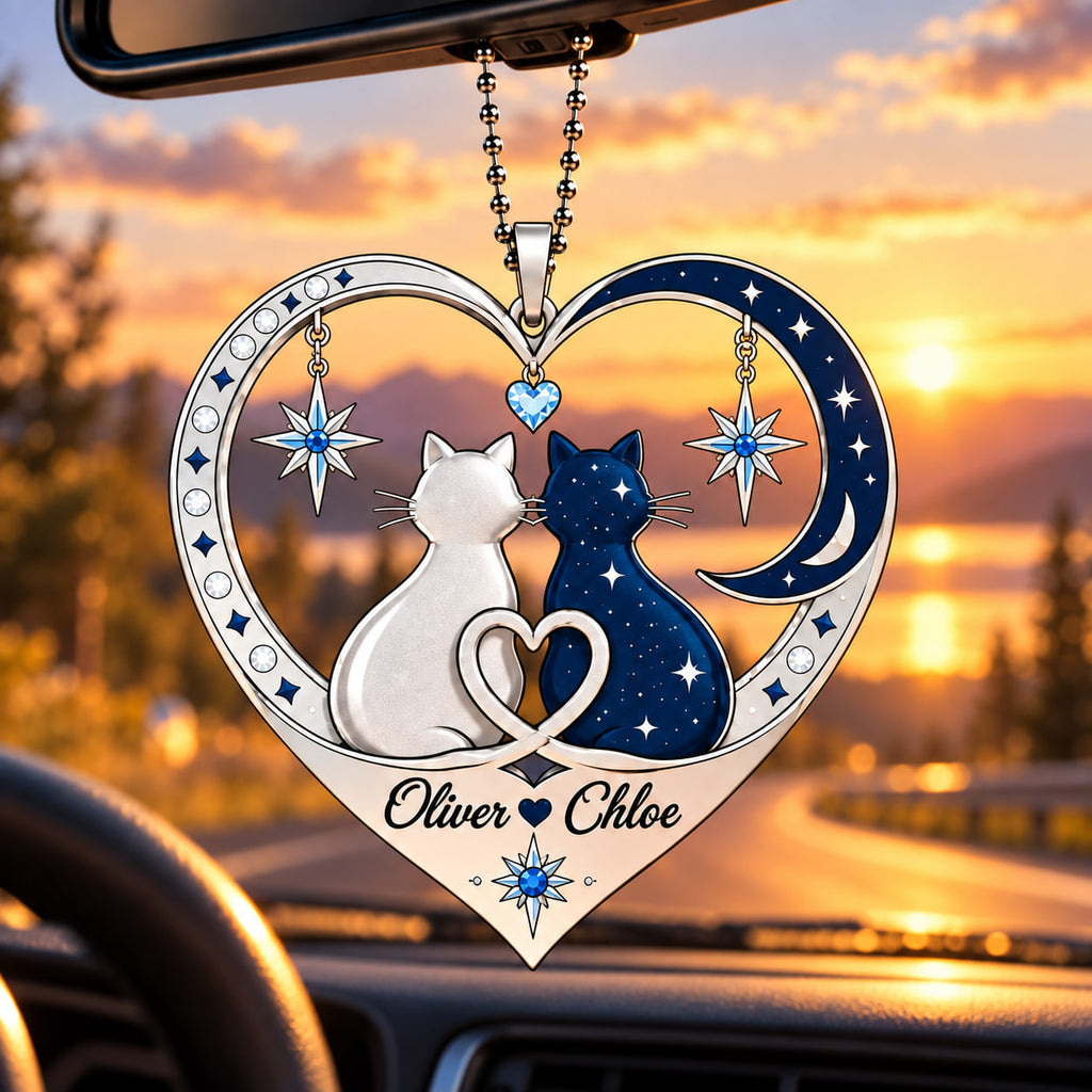 Couple Cat Heart Personalized Ornament - Custom Names Romantic Love with Cat Couple Heart Car Ornament - Gift for Couples, Anniversary Gifts for Husband & Wife, for Cat Lovers
