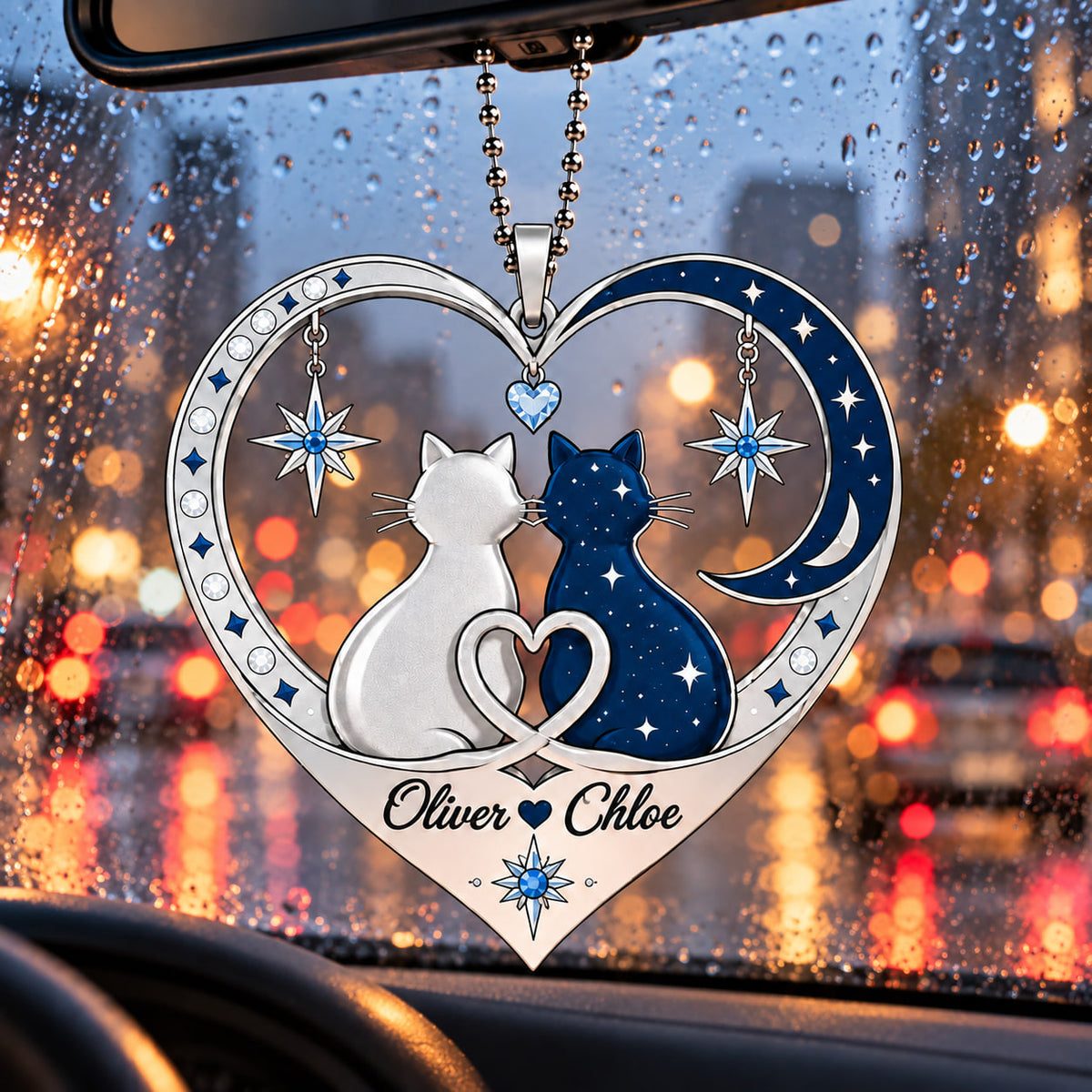 Couple Cat Heart Personalized Ornament - Custom Names Romantic Love with Cat Couple Heart Car Ornament - Gift for Couples, Anniversary Gifts for Husband & Wife, for Cat Lovers