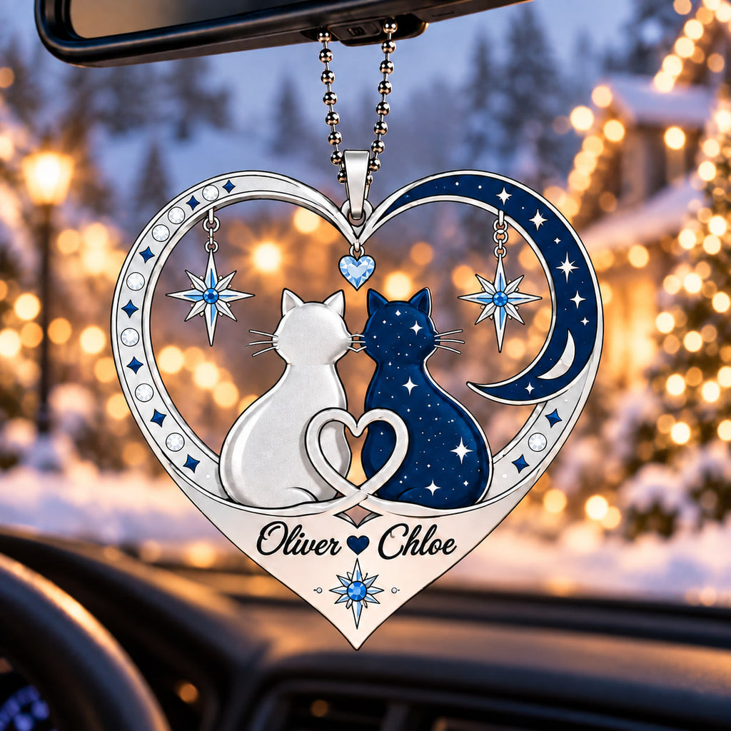 Couple Cat Heart Personalized Ornament - Custom Names Romantic Love with Cat Couple Heart Car Ornament - Gift for Couples, Anniversary Gifts for Husband & Wife, for Cat Lovers