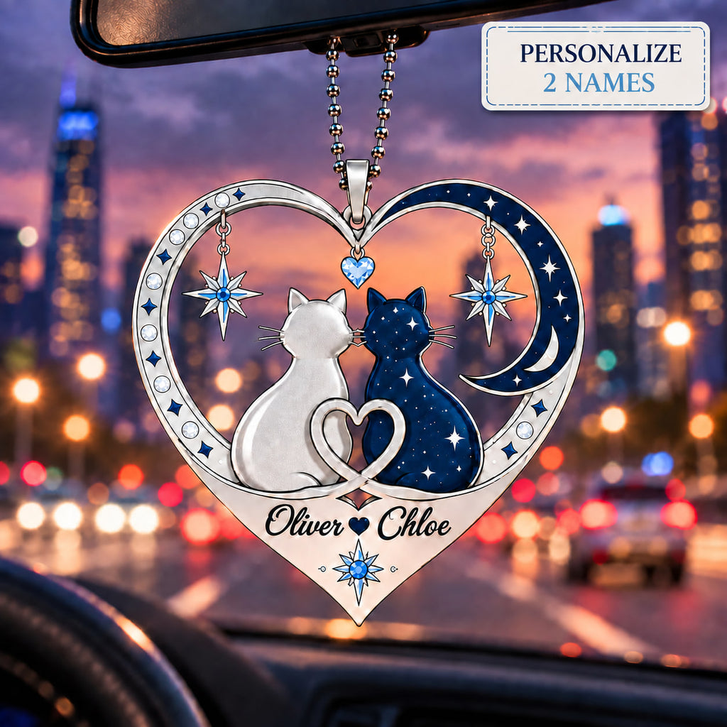 Couple Cat Heart Personalized Ornament - Custom Names Romantic Love with Cat Couple Heart Car Ornament - Gift for Couples, Anniversary Gifts for Husband & Wife, for Cat Lovers