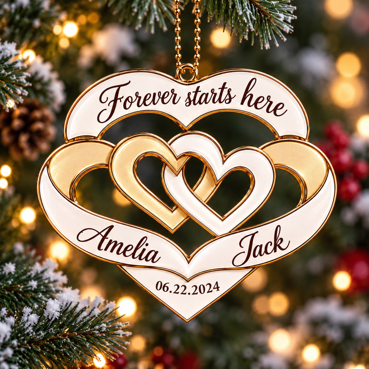 Personalized Names & Date Interlocking Hearts Ornament - Forever Starts Here Couple Car Ornament - Anniversary Gift for Husband & Wife, Wedding Gift for Couples
