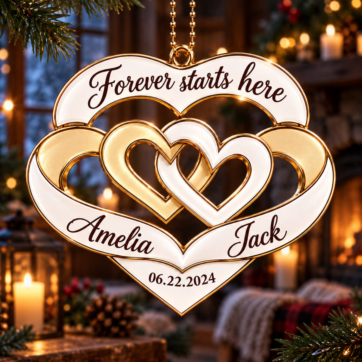 Personalized Names & Date Interlocking Hearts Ornament - Forever Starts Here Couple Car Ornament - Anniversary Gift for Husband & Wife, Wedding Gift for Couples