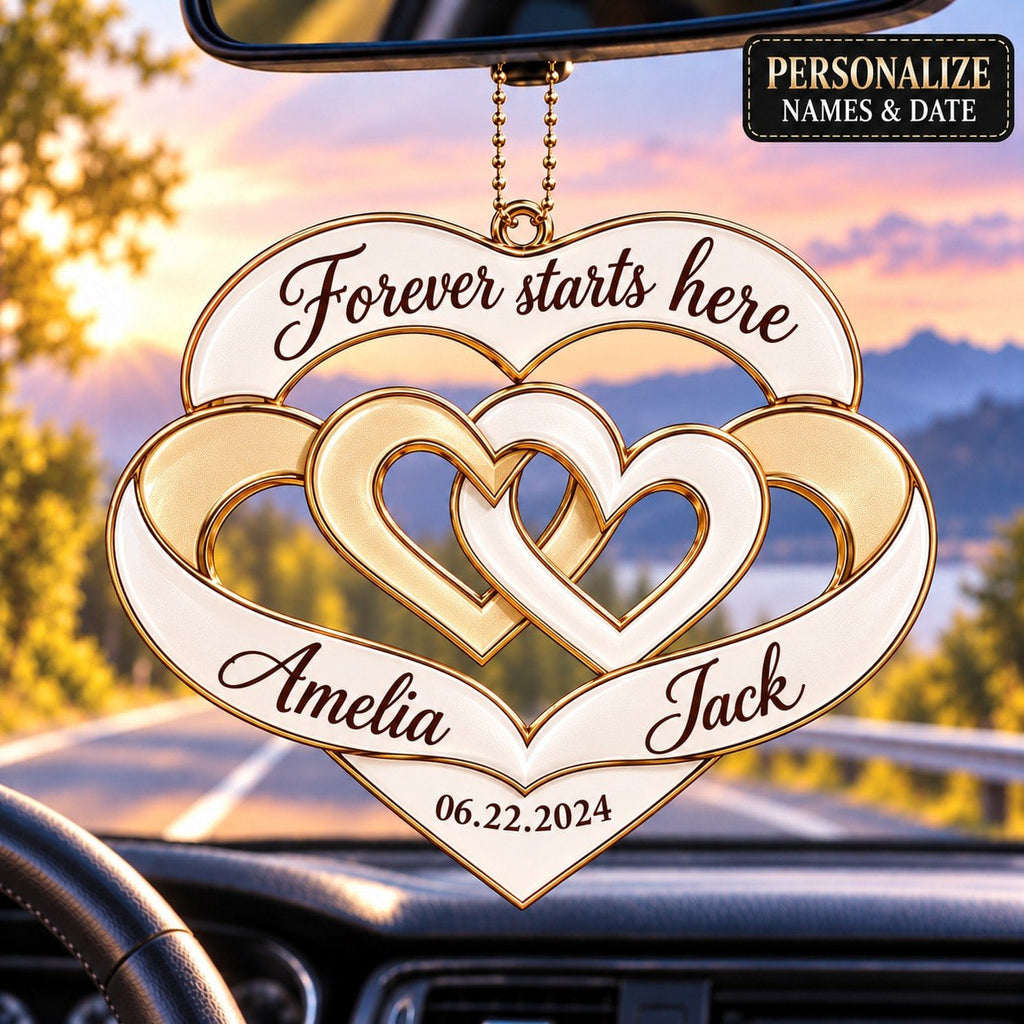 Personalized Names & Date Interlocking Hearts Ornament - Forever Starts Here Couple Car Ornament - Anniversary Gift for Husband & Wife, Wedding Gift for Couples