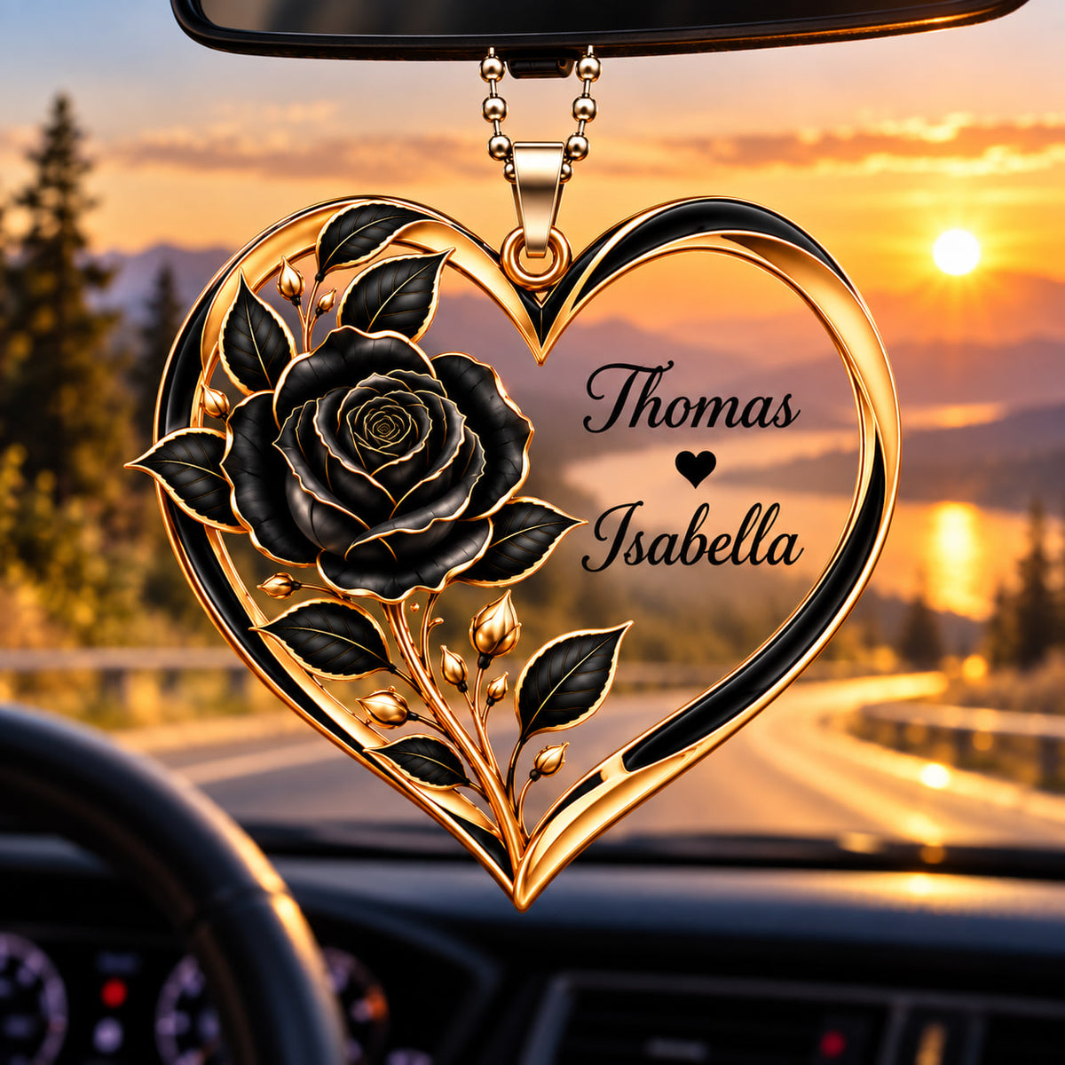 Personalized Names Black Rose Heart Ornament - Romantic Gift for Couple